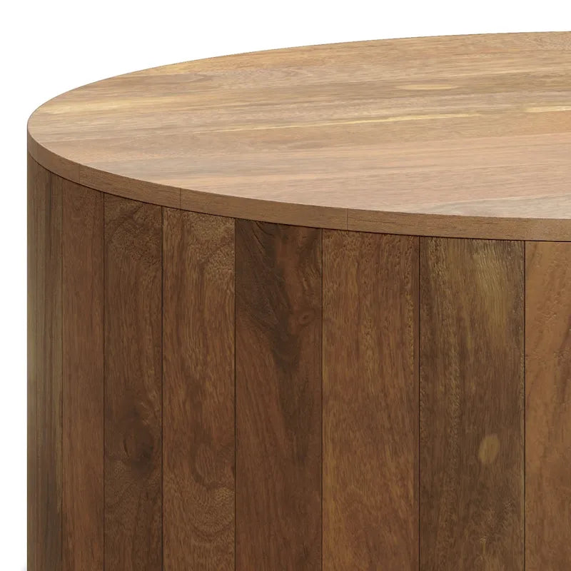Table basse contemporaine ronde en bois de manguier massif, type tambour, de 36 pouces de large et entièrement assemblée - 36p x 36L x 14H