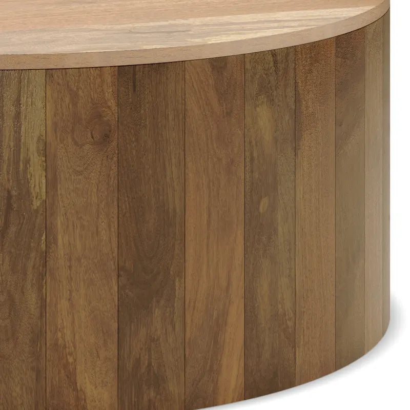 Table basse contemporaine ronde en bois de manguier massif, type tambour, de 36 pouces de large et entièrement assemblée - 36p x 36L x 14H