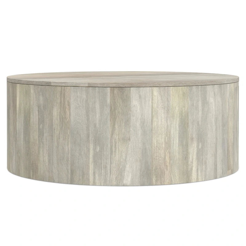 Table basse contemporaine ronde en bois de manguier massif, type tambour, de 36 pouces de large et entièrement assemblée - 36p x 36L x 14H