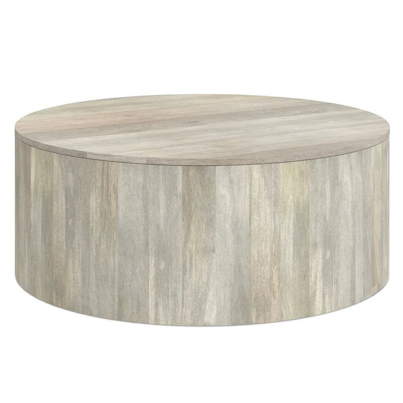 Table basse contemporaine ronde en bois de manguier massif, type tambour, de 36 pouces de large et entièrement assemblée - 36p x 36L x 14H
