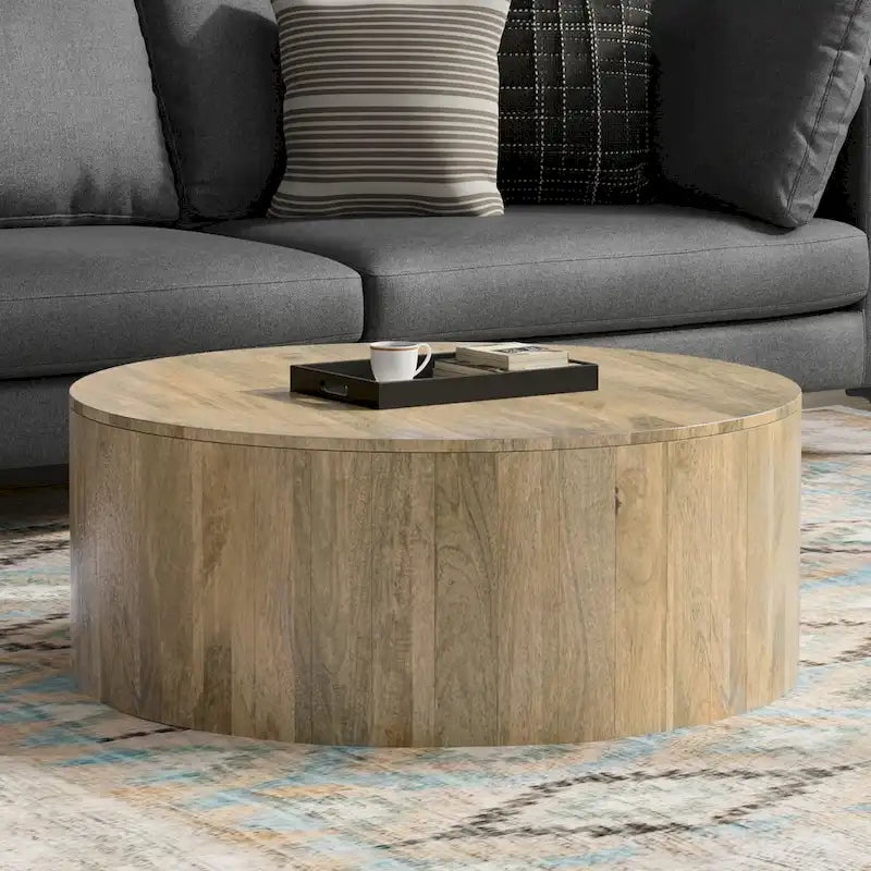 Table basse contemporaine ronde en bois de manguier massif, type tambour, de 36 pouces de large et entièrement assemblée - 36p x 36L x 14H