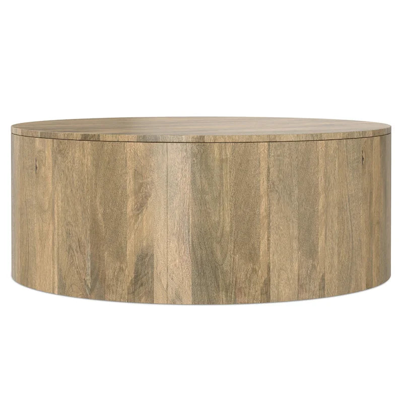 Table basse contemporaine ronde en bois de manguier massif, type tambour, de 36 pouces de large et entièrement assemblée - 36p x 36L x 14H