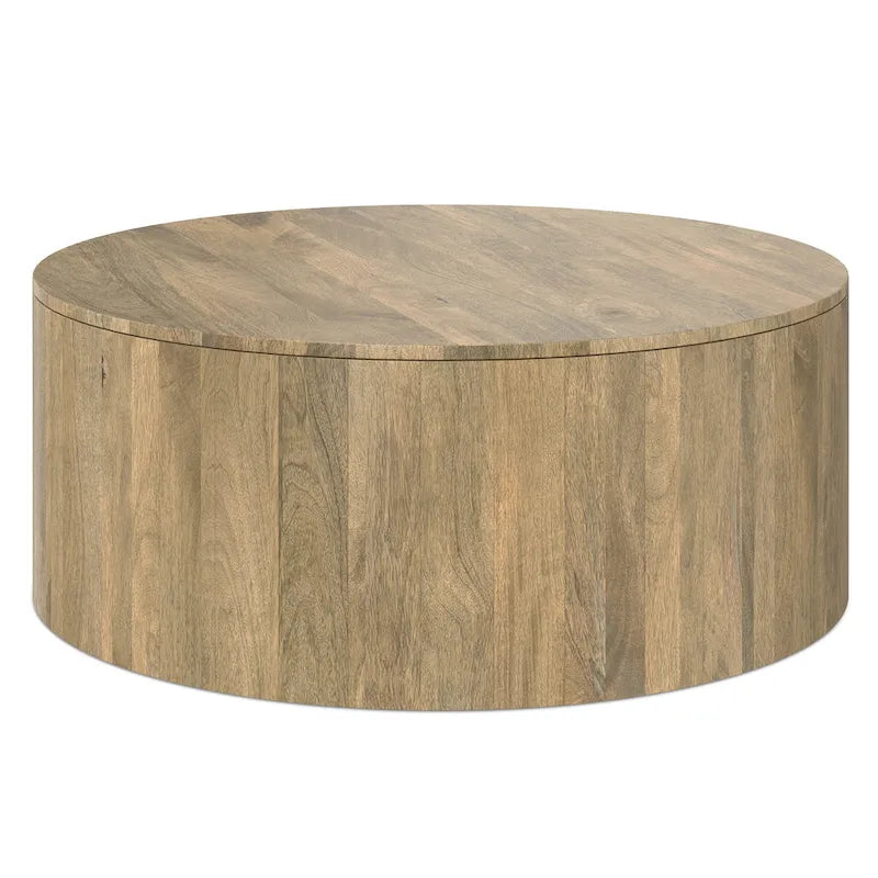 Table basse contemporaine ronde en bois de manguier massif, type tambour, de 36 pouces de large et entièrement assemblée - 36p x 36L x 14H