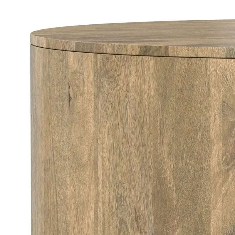 Table basse contemporaine ronde en bois de manguier massif, type tambour, de 36 pouces de large et entièrement assemblée - 36p x 36L x 14H