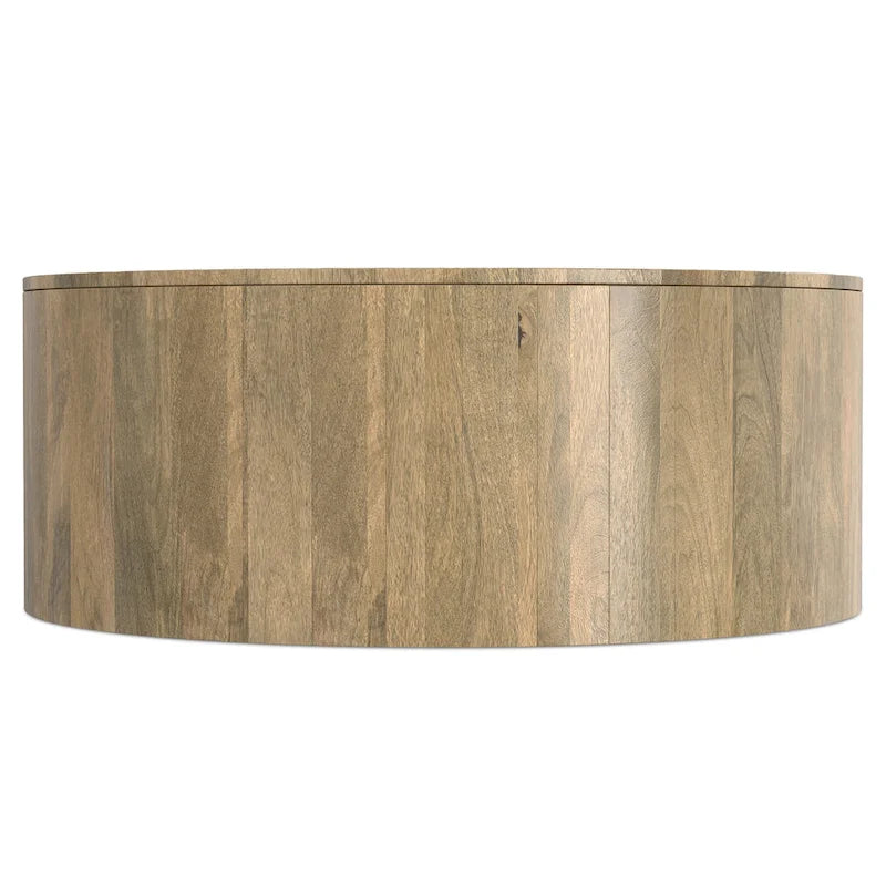 Table basse contemporaine ronde en bois de manguier massif, type tambour, de 36 pouces de large et entièrement assemblée - 36p x 36L x 14H