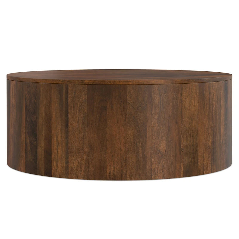 Table basse contemporaine ronde en bois de manguier massif, type tambour, de 36 pouces de large et entièrement assemblée - 36p x 36L x 14H