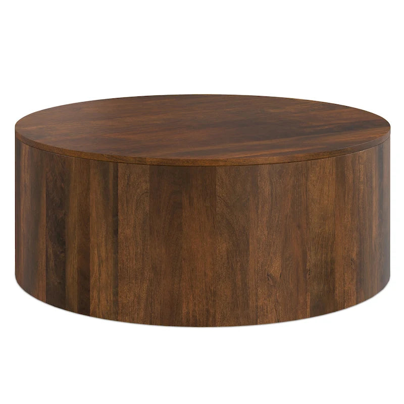 Table basse contemporaine ronde en bois de manguier massif, type tambour, de 36 pouces de large et entièrement assemblée - 36p x 36L x 14H