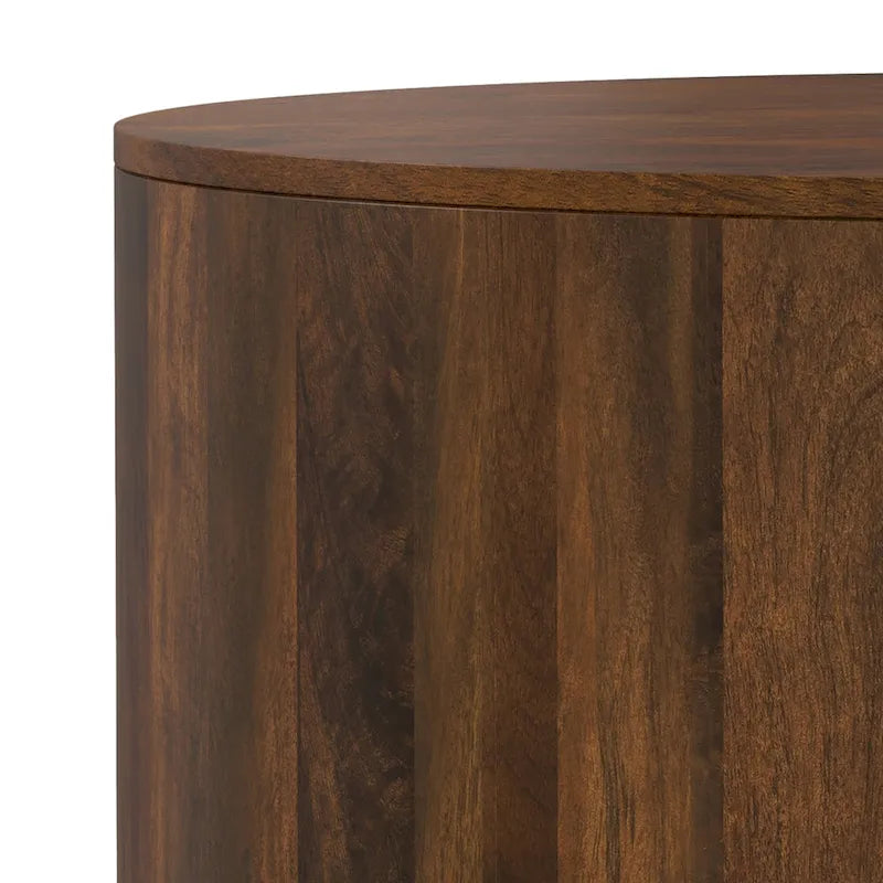 Table basse contemporaine ronde en bois de manguier massif, type tambour, de 36 pouces de large et entièrement assemblée - 36p x 36L x 14H