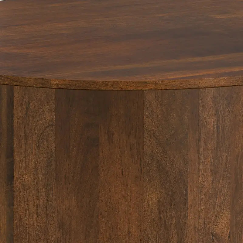 Table basse contemporaine ronde en bois de manguier massif, type tambour, de 36 pouces de large et entièrement assemblée - 36p x 36L x 14H