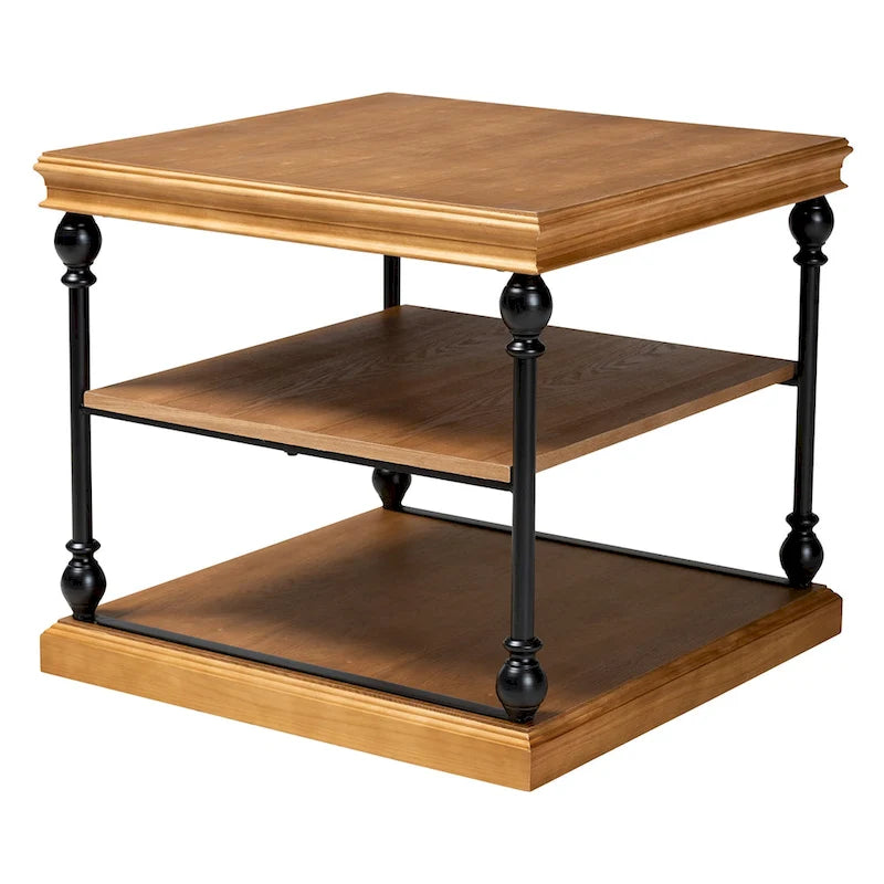Table d'appoint industrielle traditionnelle à 3 niveaux en bois et métal noir