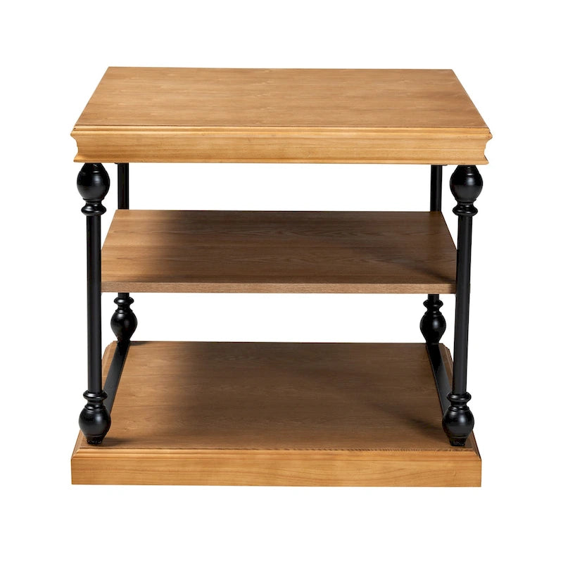 Table d'appoint industrielle traditionnelle à 3 niveaux en bois et métal noir