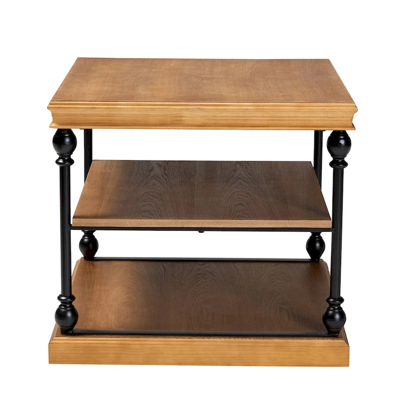 Table d'appoint industrielle traditionnelle à 3 niveaux en bois et métal noir