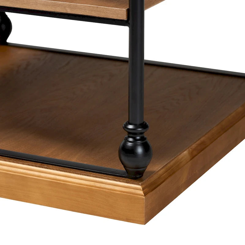 Table d'appoint industrielle traditionnelle à 3 niveaux en bois et métal noir