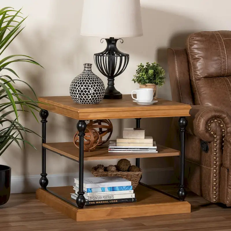 Table d'appoint industrielle traditionnelle à 3 niveaux en bois et métal noir