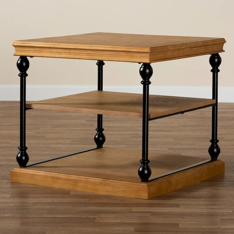 Table d'appoint industrielle traditionnelle à 3 niveaux en bois et métal noir
