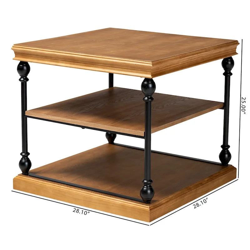 Table d'appoint industrielle traditionnelle à 3 niveaux en bois et métal noir