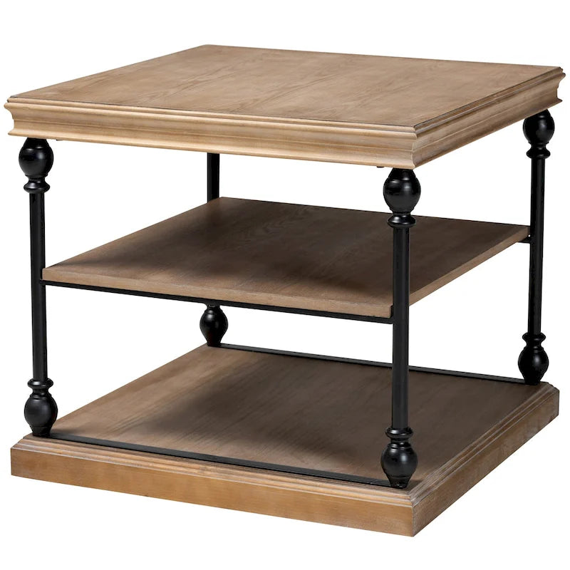Table d'appoint industrielle traditionnelle à 3 niveaux en bois et métal noir