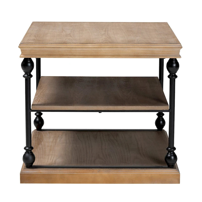 Table d'appoint industrielle traditionnelle à 3 niveaux en bois et métal noir