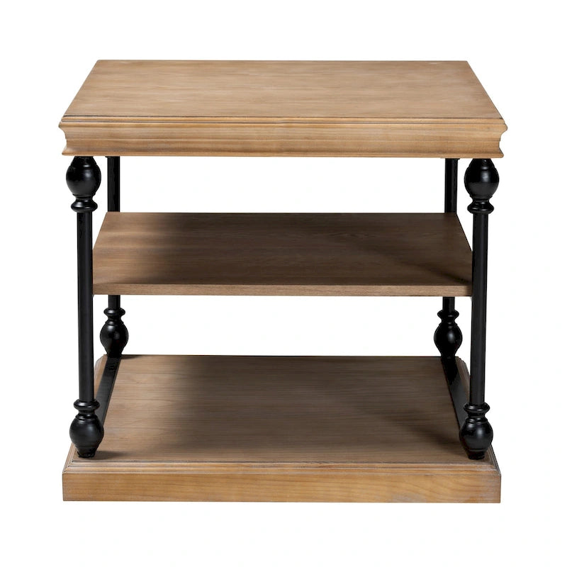 Table d'appoint industrielle traditionnelle à 3 niveaux en bois et métal noir