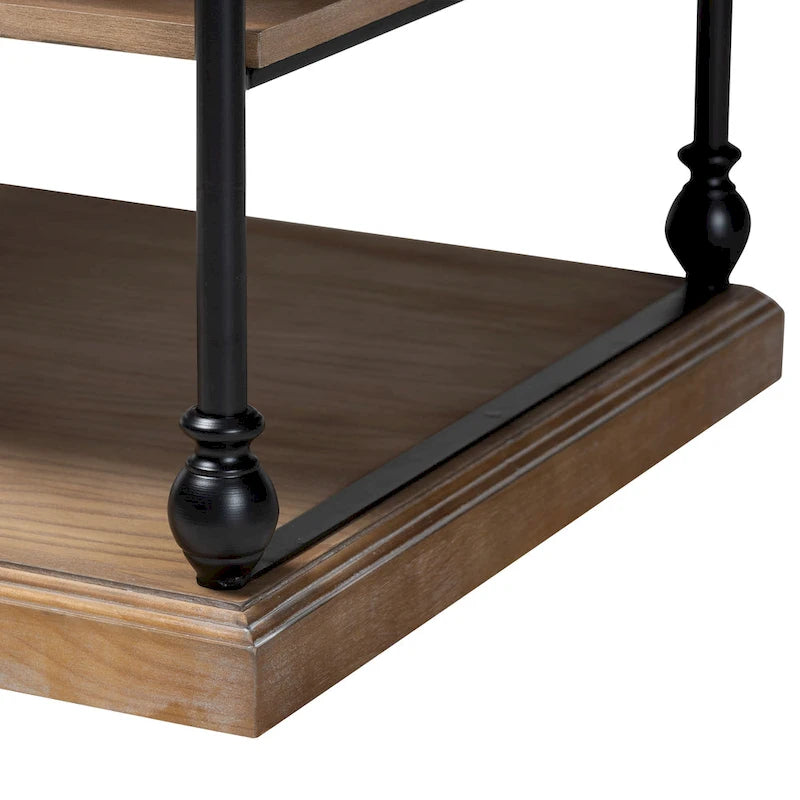 Table d'appoint industrielle traditionnelle à 3 niveaux en bois et métal noir