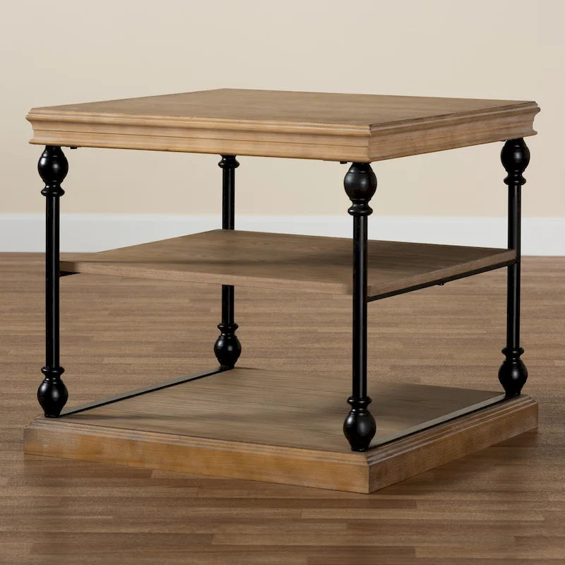 Table d'appoint industrielle traditionnelle à 3 niveaux en bois et métal noir