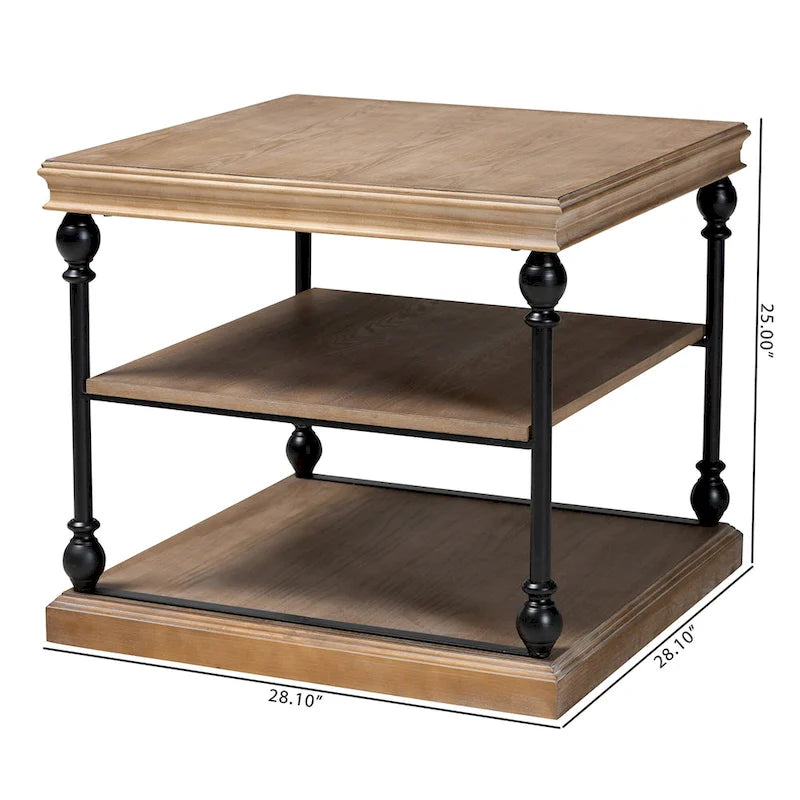 Table d'appoint industrielle traditionnelle à 3 niveaux en bois et métal noir