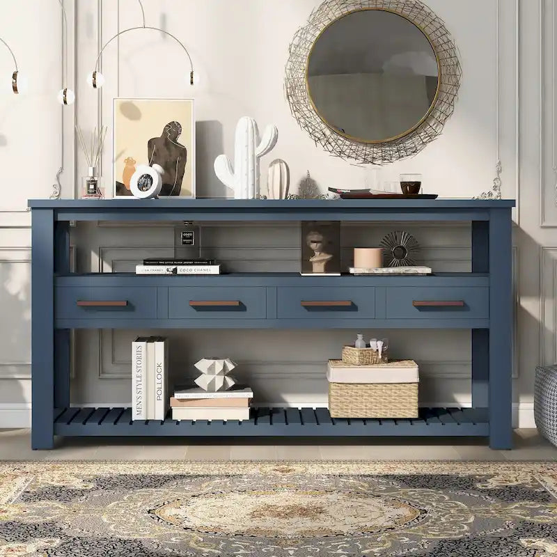Console moderne pour salon avec 4 tiroirs et 2 étagères