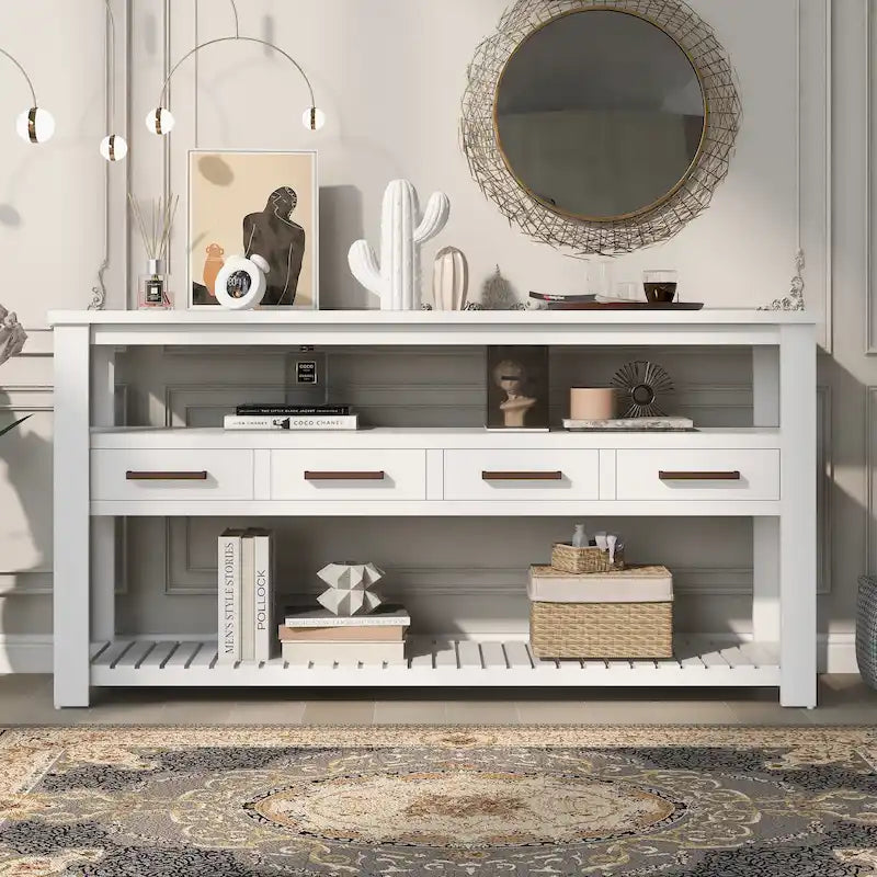 Console moderne pour salon avec 4 tiroirs et 2 étagères