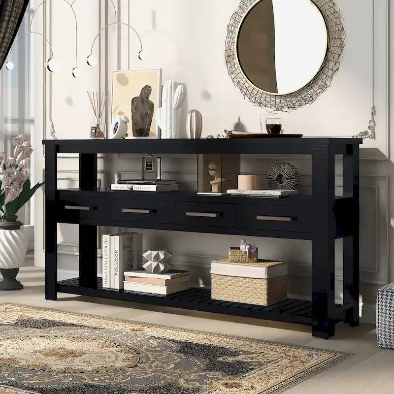 Console moderne pour salon avec 4 tiroirs et 2 étagères