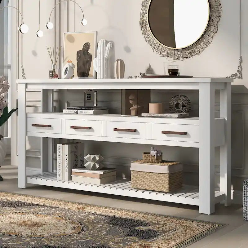 Console moderne pour salon avec 4 tiroirs et 2 étagères