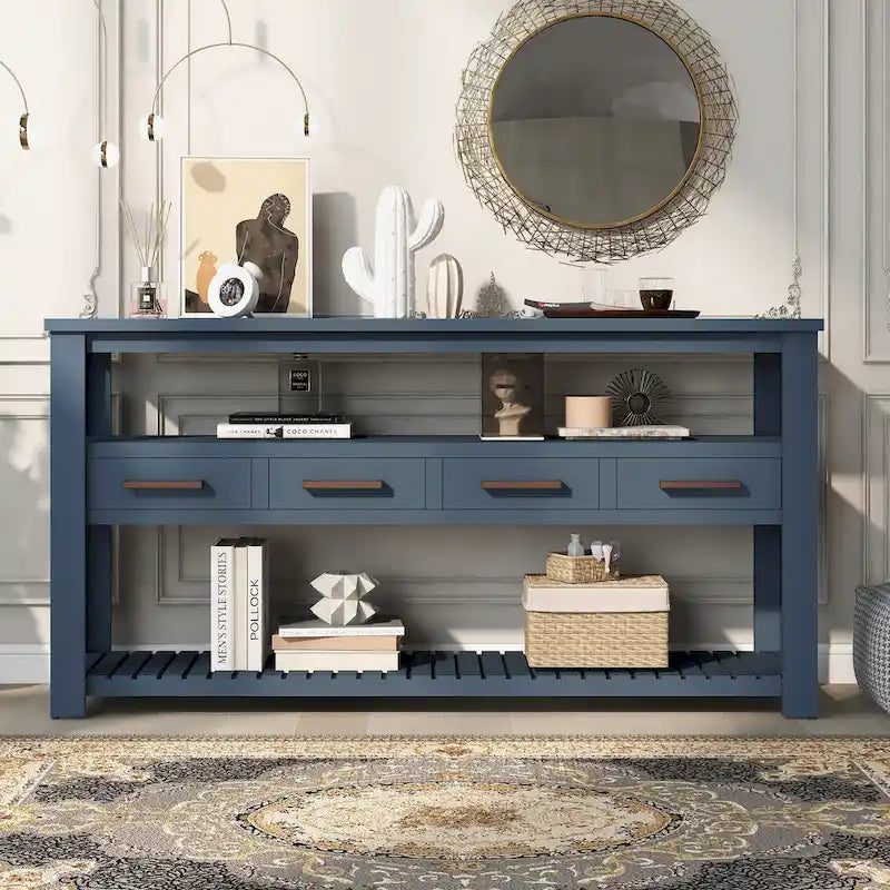 Console moderne pour salon avec 4 tiroirs et 2 étagères