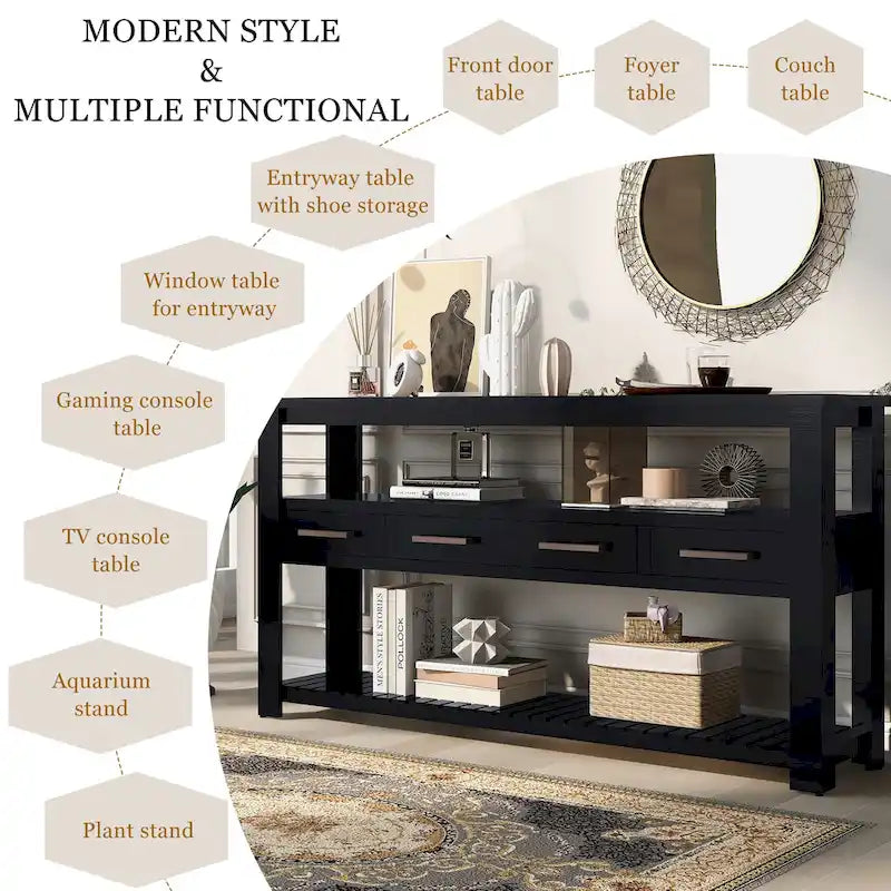 Console moderne pour salon avec 4 tiroirs et 2 étagères