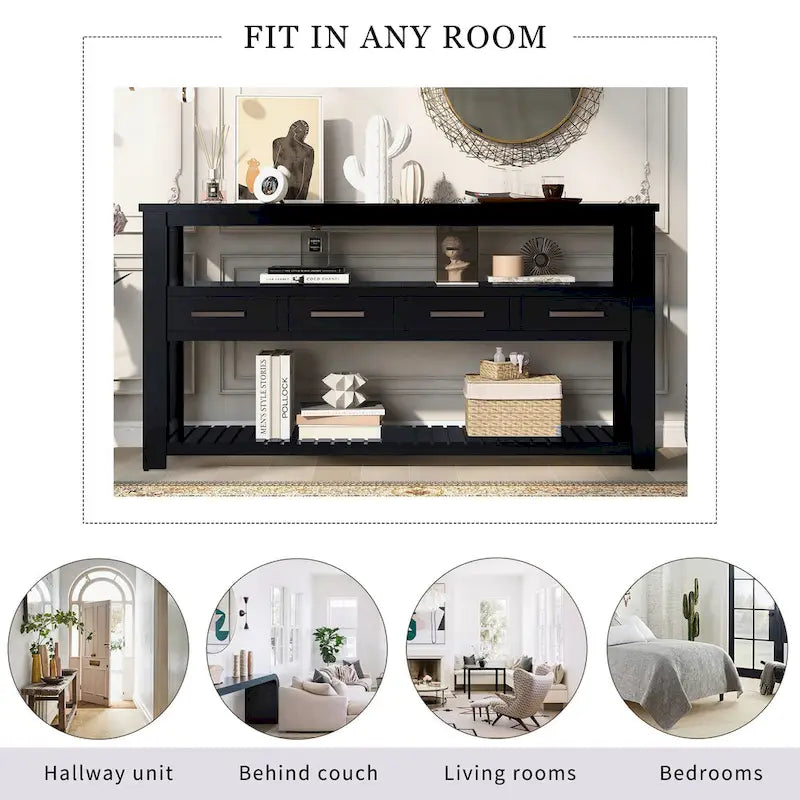 Console moderne pour salon avec 4 tiroirs et 2 étagères