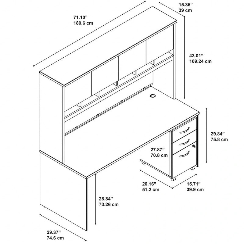 Bureau 72 x 30 avec armoirette et tiroirs par