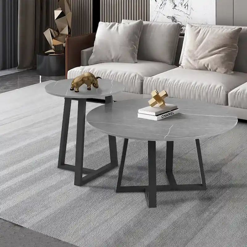 Lot de 2 tables basses gigognes rondes en pierre frittée effet marbre – 80 x 40 cm