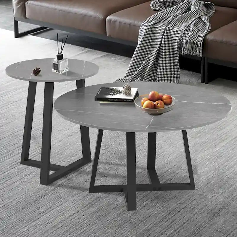 Lot de 2 tables basses gigognes rondes en pierre frittée effet marbre – 80 x 40 cm