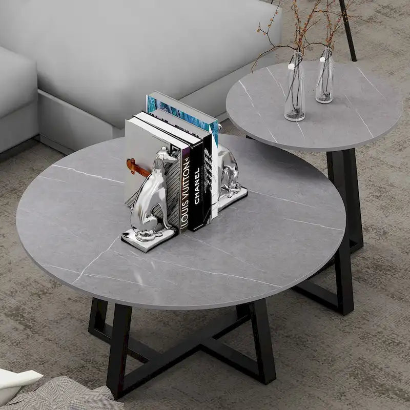 Lot de 2 tables basses gigognes rondes en pierre frittée effet marbre – 80 x 40 cm
