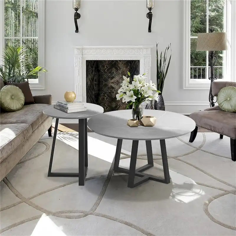 Lot de 2 tables basses gigognes rondes en pierre frittée effet marbre – 80 x 40 cm