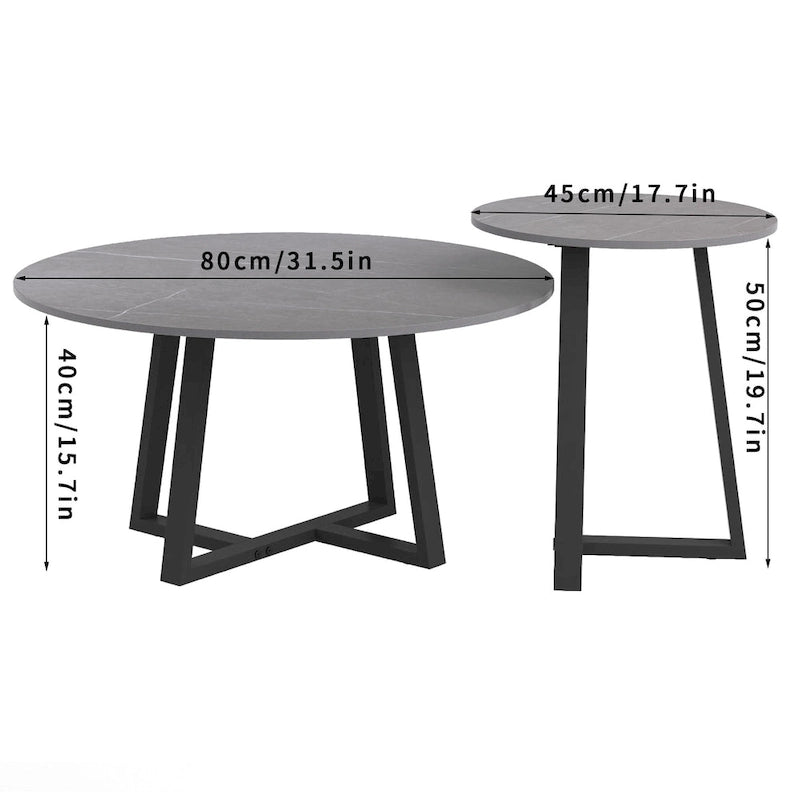 Lot de 2 tables basses gigognes rondes en pierre frittée effet marbre – 80 x 40 cm