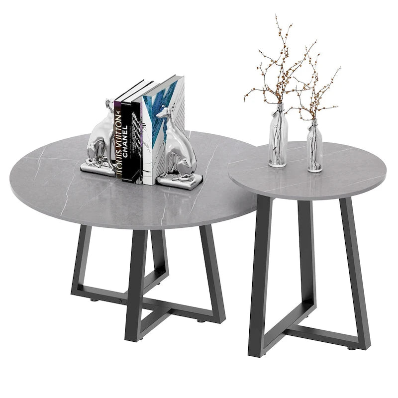 Lot de 2 tables basses gigognes rondes en pierre frittée effet marbre – 80 x 40 cm