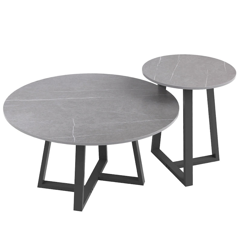 Lot de 2 tables basses gigognes rondes en pierre frittée effet marbre – 80 x 40 cm