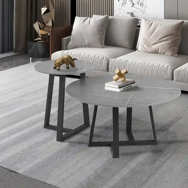 Lot de 2 tables basses gigognes rondes en pierre frittée effet marbre – 80 x 40 cm