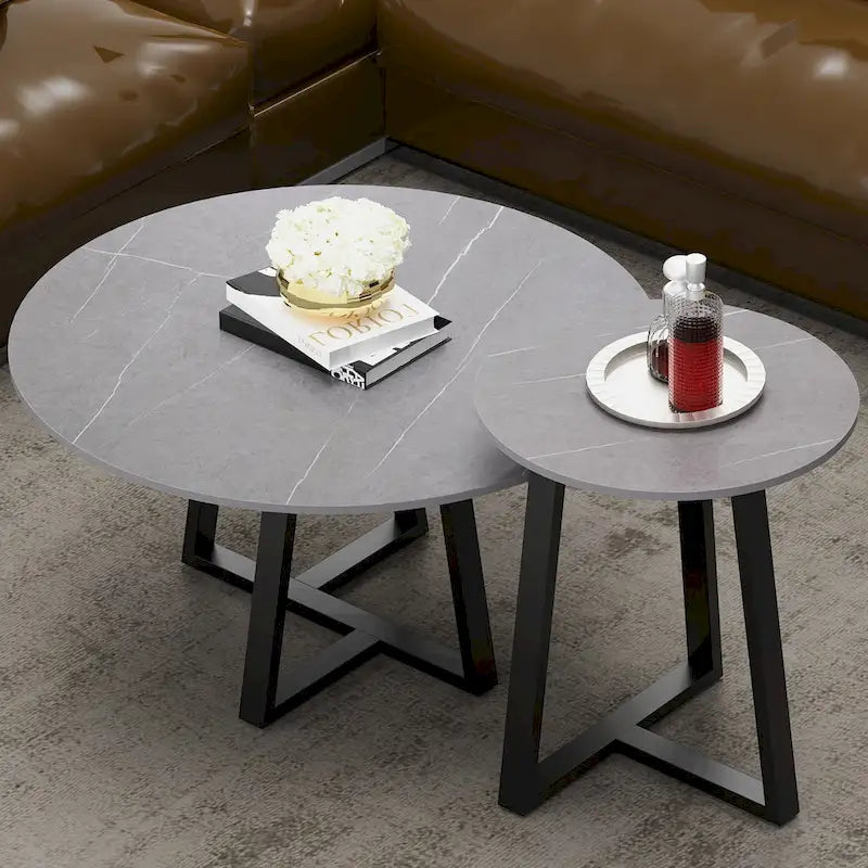 Lot de 2 tables basses gigognes rondes en pierre frittée effet marbre – 80 x 40 cm