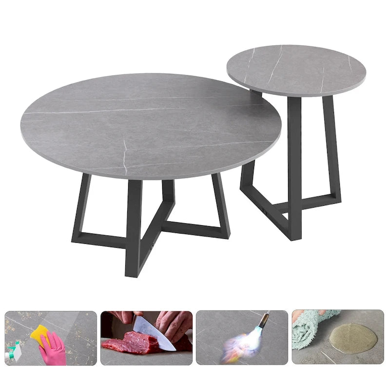 Lot de 2 tables basses gigognes rondes en pierre frittée effet marbre – 80 x 40 cm