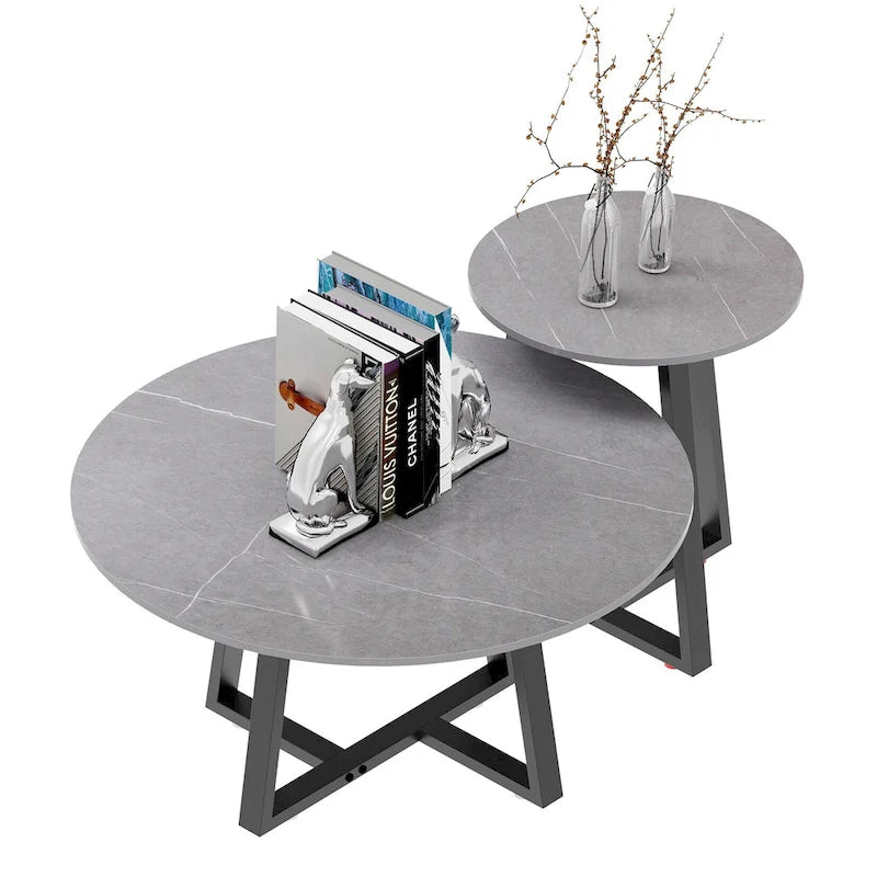 Lot de 2 tables basses gigognes rondes en pierre frittée effet marbre – 80 x 40 cm