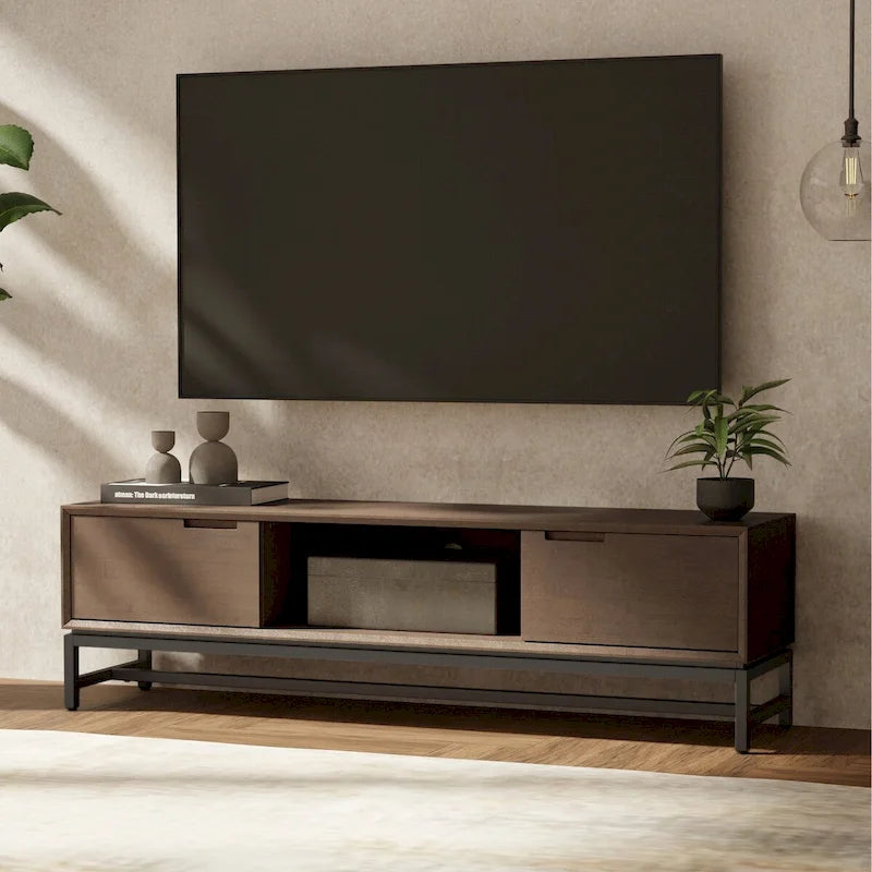 MEUBLE TV-MEDIA industriel moderne en BOIS MASSIF, 7 po de large, noyer brun, pour téléviseurs jusqu'à 80 po