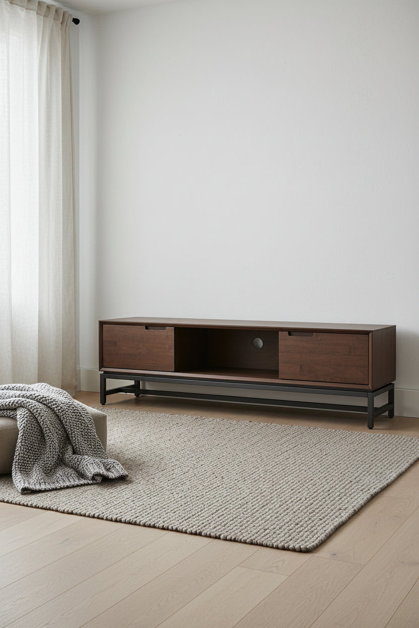SOLID HARDWOOD 72 inch Wide Modern Industrial TV Media Stand in Walnut Brown For TVs up to 80 inches