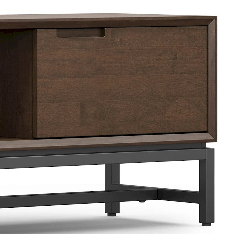 MEUBLE TV-MEDIA industriel moderne en BOIS MASSIF, 7 po de large, noyer brun, pour téléviseurs jusqu'à 80 po