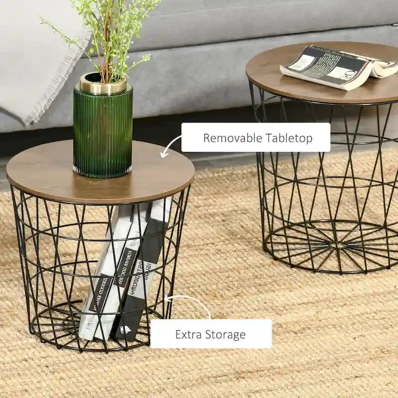 Tables d'appoint, lot de 2, tables gigognes avec rangement, tables d'appoint rondes avec plateau amovible pour salon, chambre à coucher