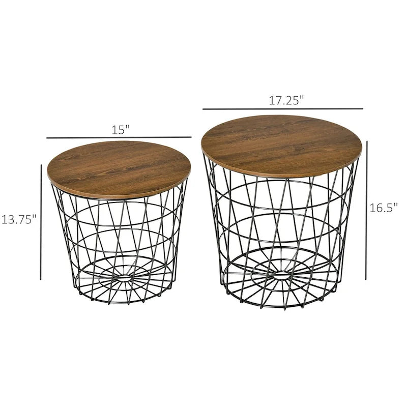 Tables d'appoint, lot de 2, tables gigognes avec rangement, tables d'appoint rondes avec plateau amovible pour salon, chambre à coucher
